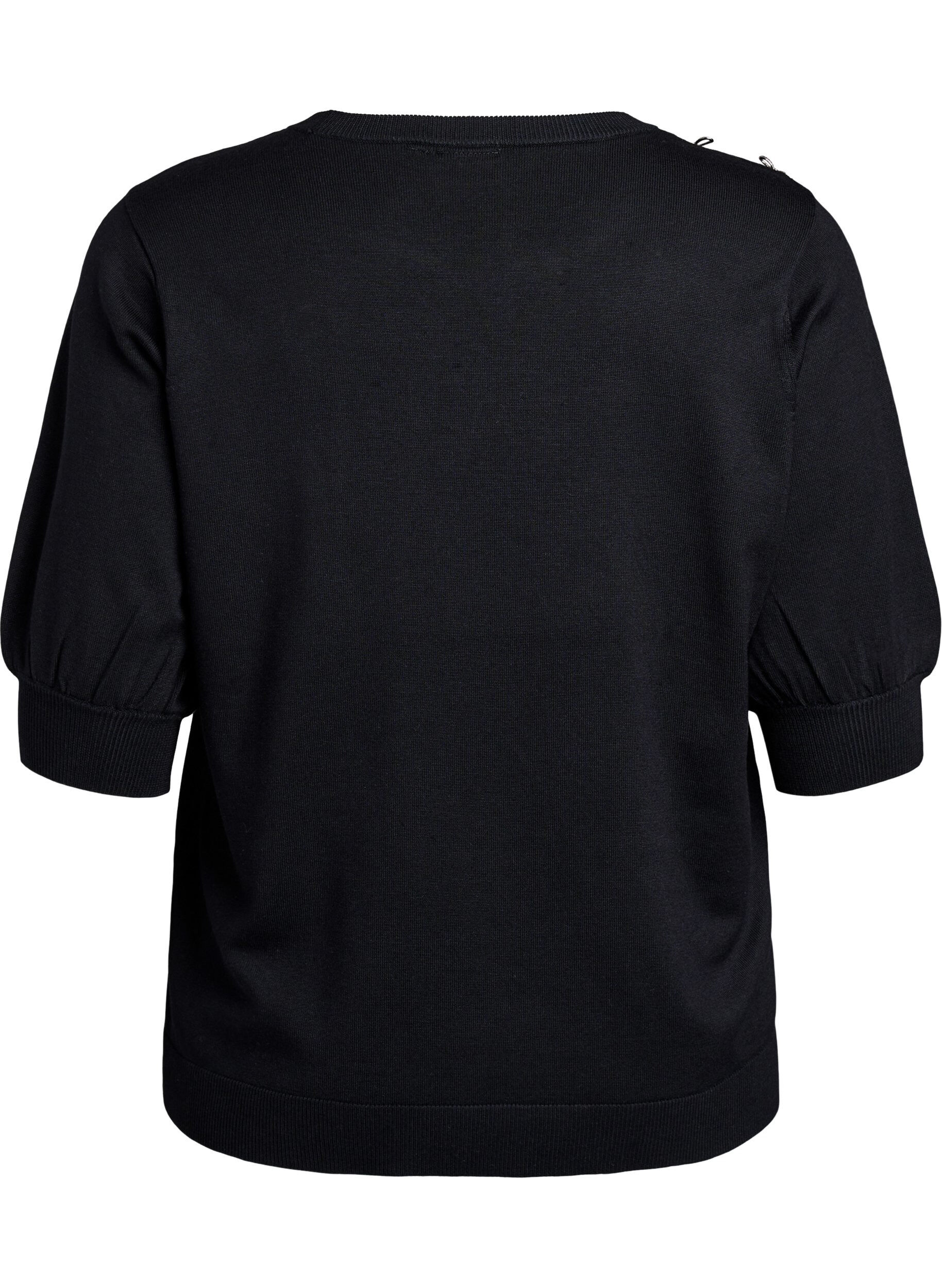 Zizzi Strikket bluse med korte ermer og sm&aring; sl&oslash;yfer, Svart, Packshot image number 1