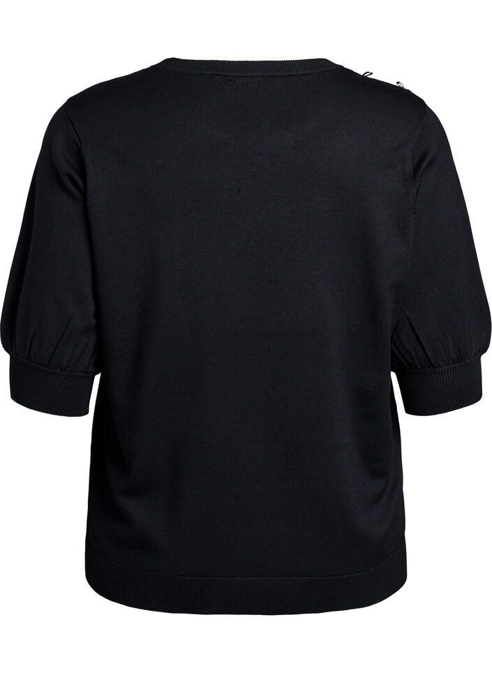 Strikket bluse med korte ermer og små sløyfer, Svart, Packshot image number 1