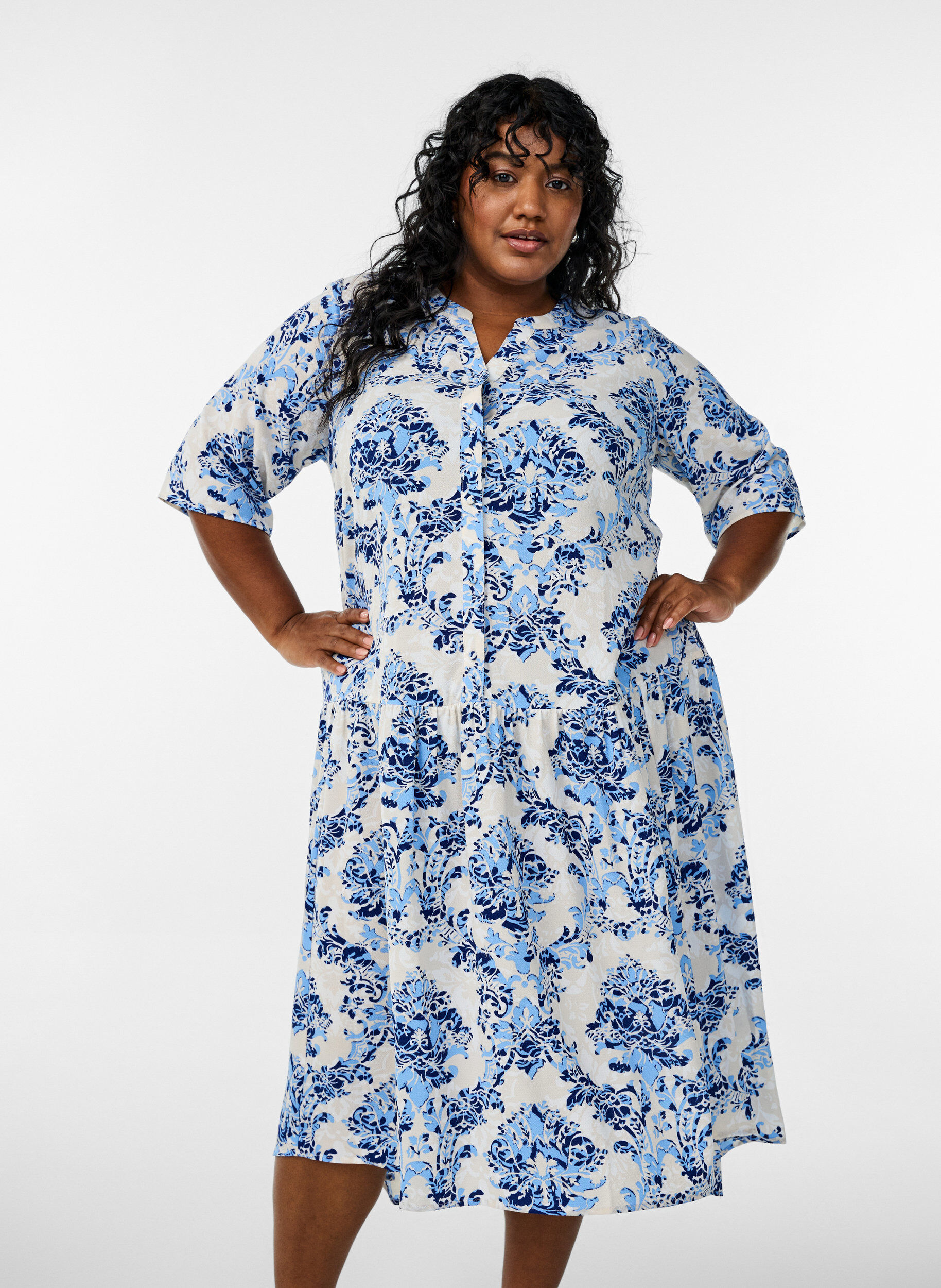 Midikjole i A-linje med korte ermer, Beige, Model