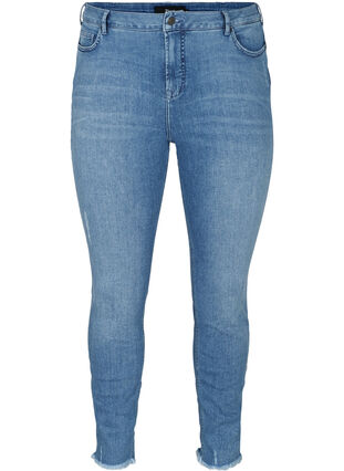 Cropped Amy jeans med rå kanter, Blue denim, Packshot image number 0