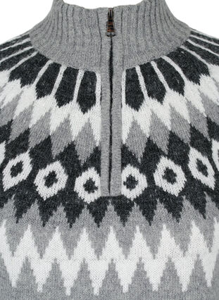 Jacquardmønstrete strikkegenser med høy hals og glidelås, Dark Grey Mel. Comb, Packshot image number 2