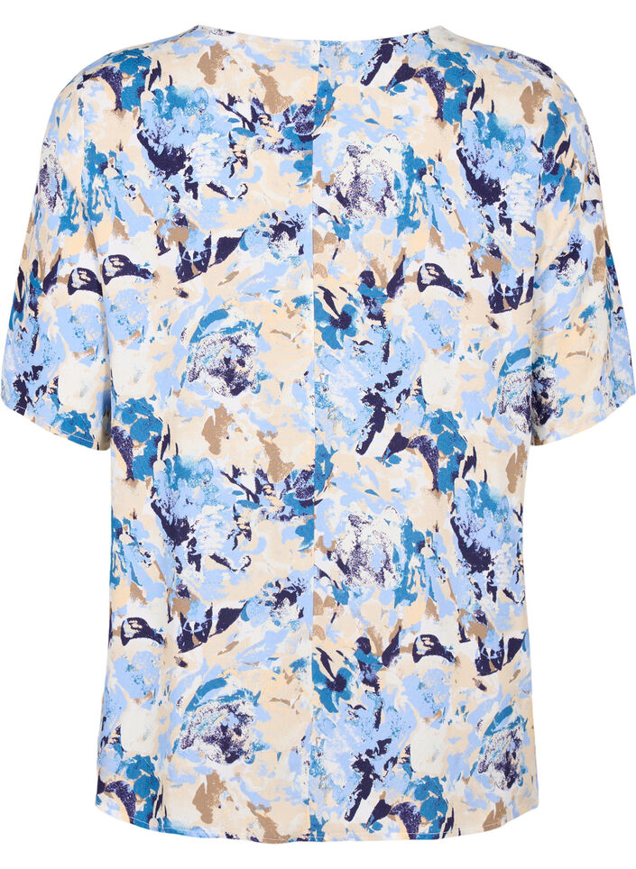 Short sleeve Viscose Bluse med utskrift, Blå, Packshot image number 1