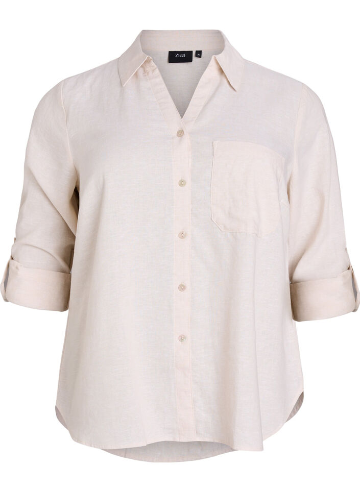 Skjorte i lin og viskose med 3/4 ermer, Beige, Packshot image number 0