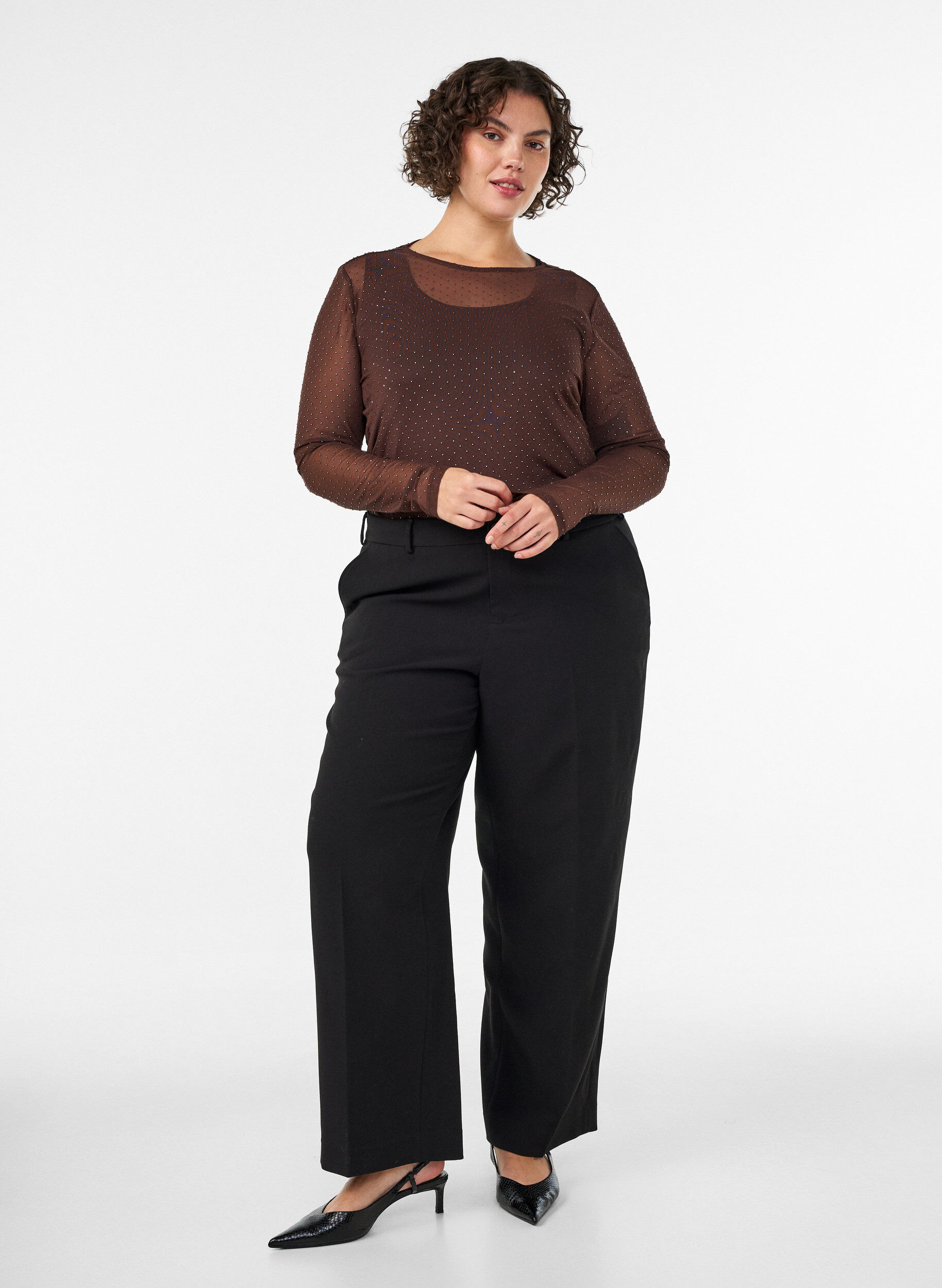 ZizziGjennomsiktig meshbluse med rhinesteiner, Brun, Model image number 1