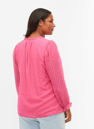 Bluse med lange ermer og volangdetaljer, Shocking Pink, Model image number 1