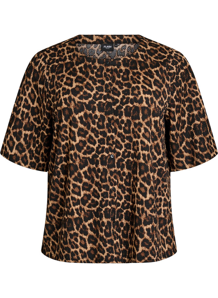 Kortermet bluse med tekstur og knappelukking, Svart, Packshot image number 0