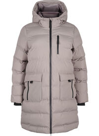 Pufferjakke med hette og lommer, Beige Pufferjakke med hette og lommer