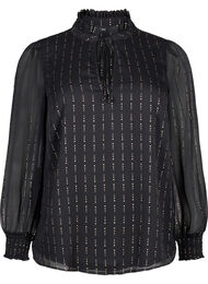 Mønstret chiffongbluse med knytebånd, Black