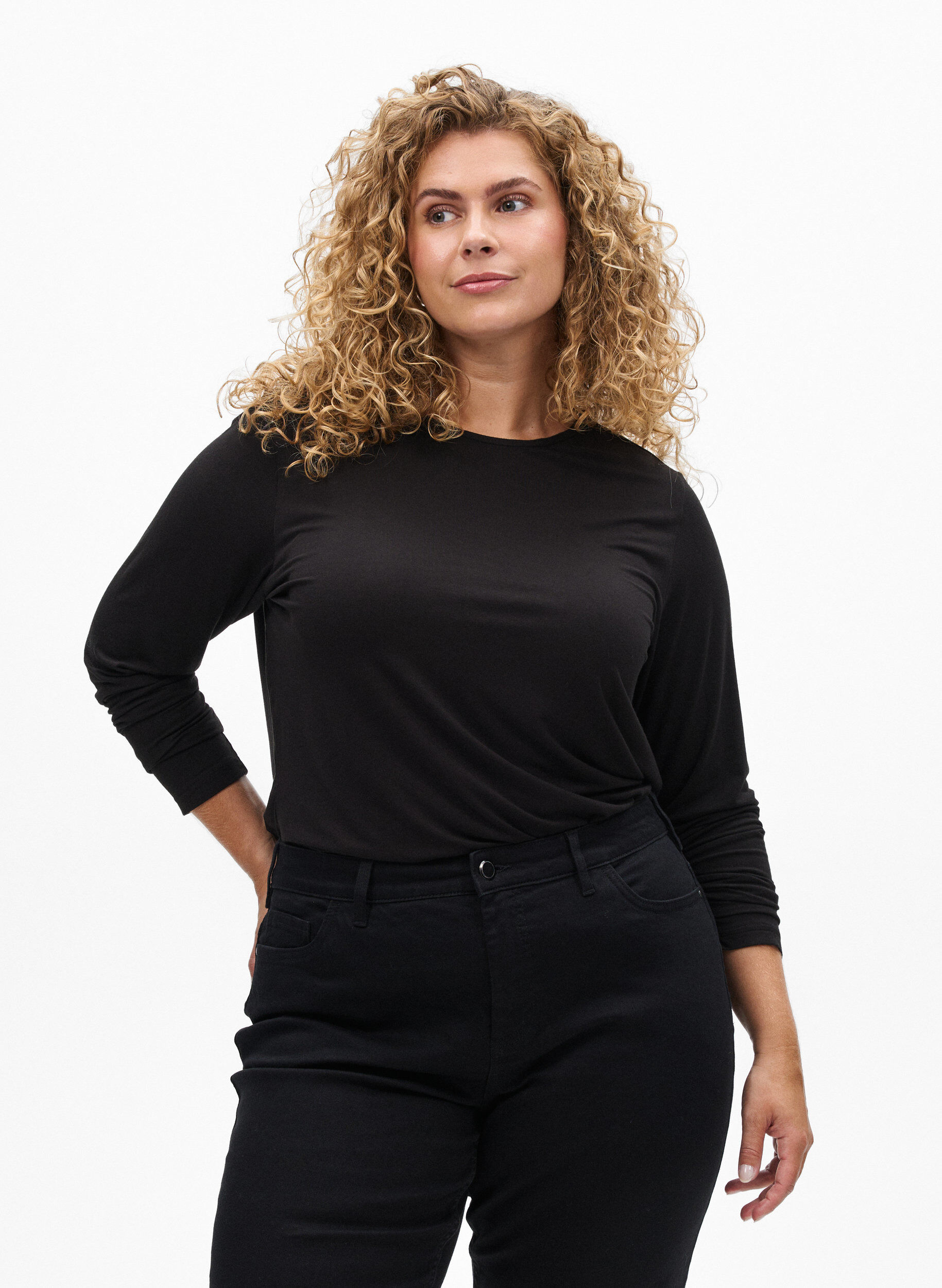 Zizzi Ensfarvet bluse med lange ermer, Svart, Model image number 0
