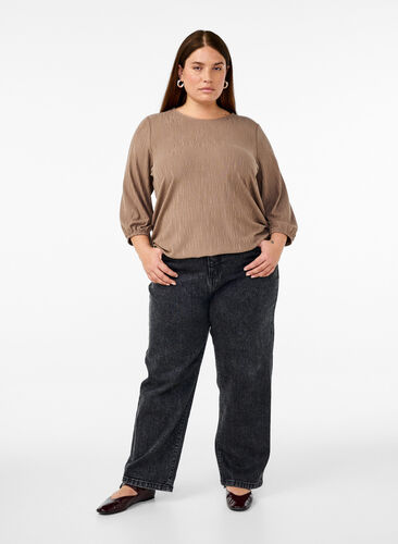 Zizzi Bluse med tekstur og 3/4 ermer, Brun, Model image number 1