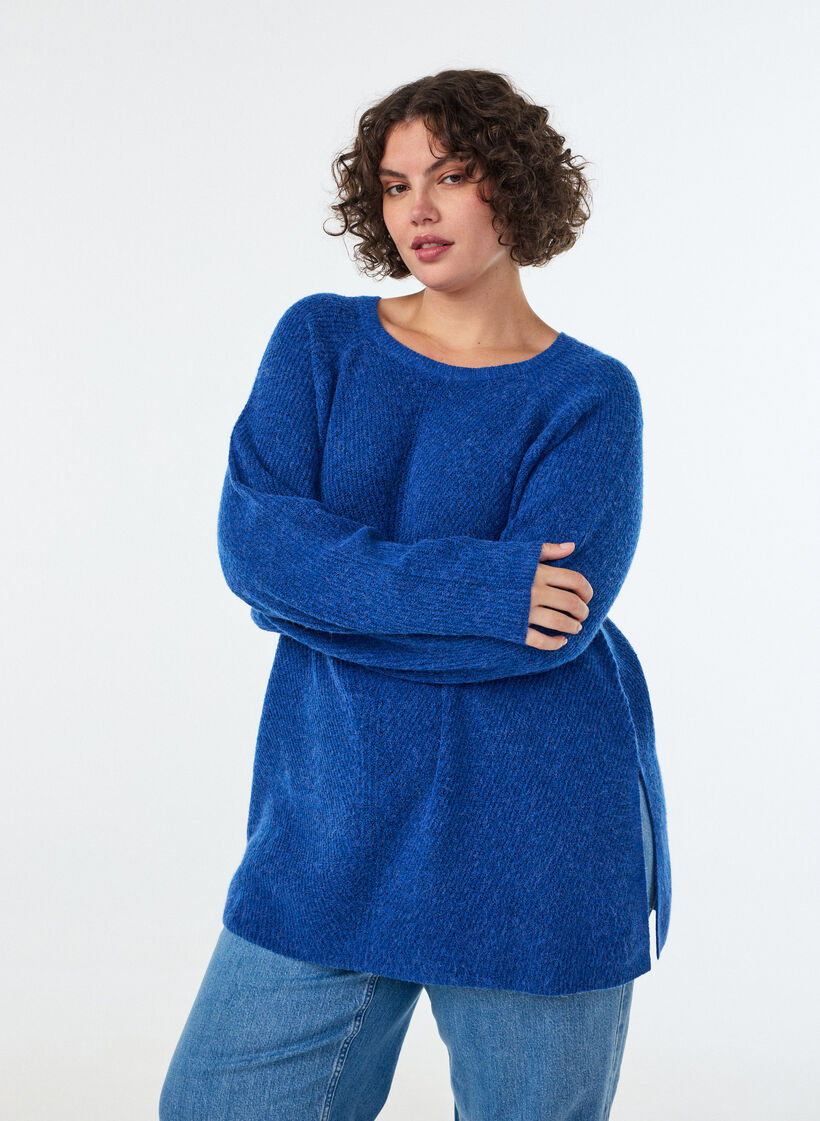 Strikkegenser med diagonalt m&oslash;nster og raglanermer, Bl&aring;, Model image number 0