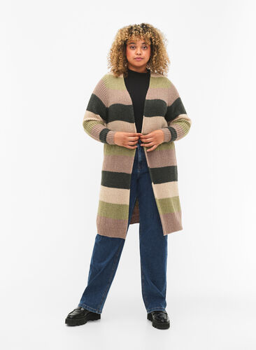 Lang, ribbestrikket cardigan med striper, Forest Night Comb, Model image number 2