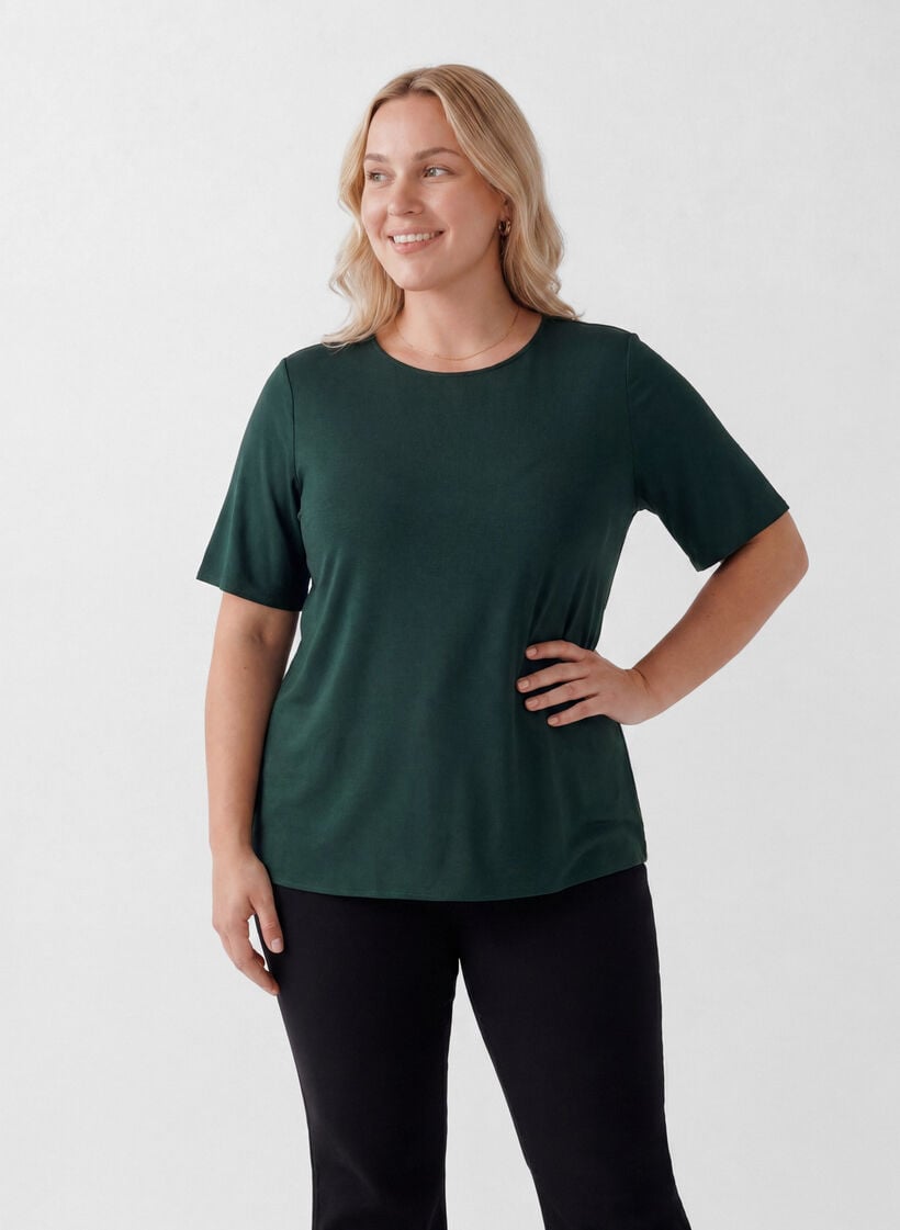 Vevet bluse med korte ermer og rund hals, Gr&oslash;nn, Model image number 0