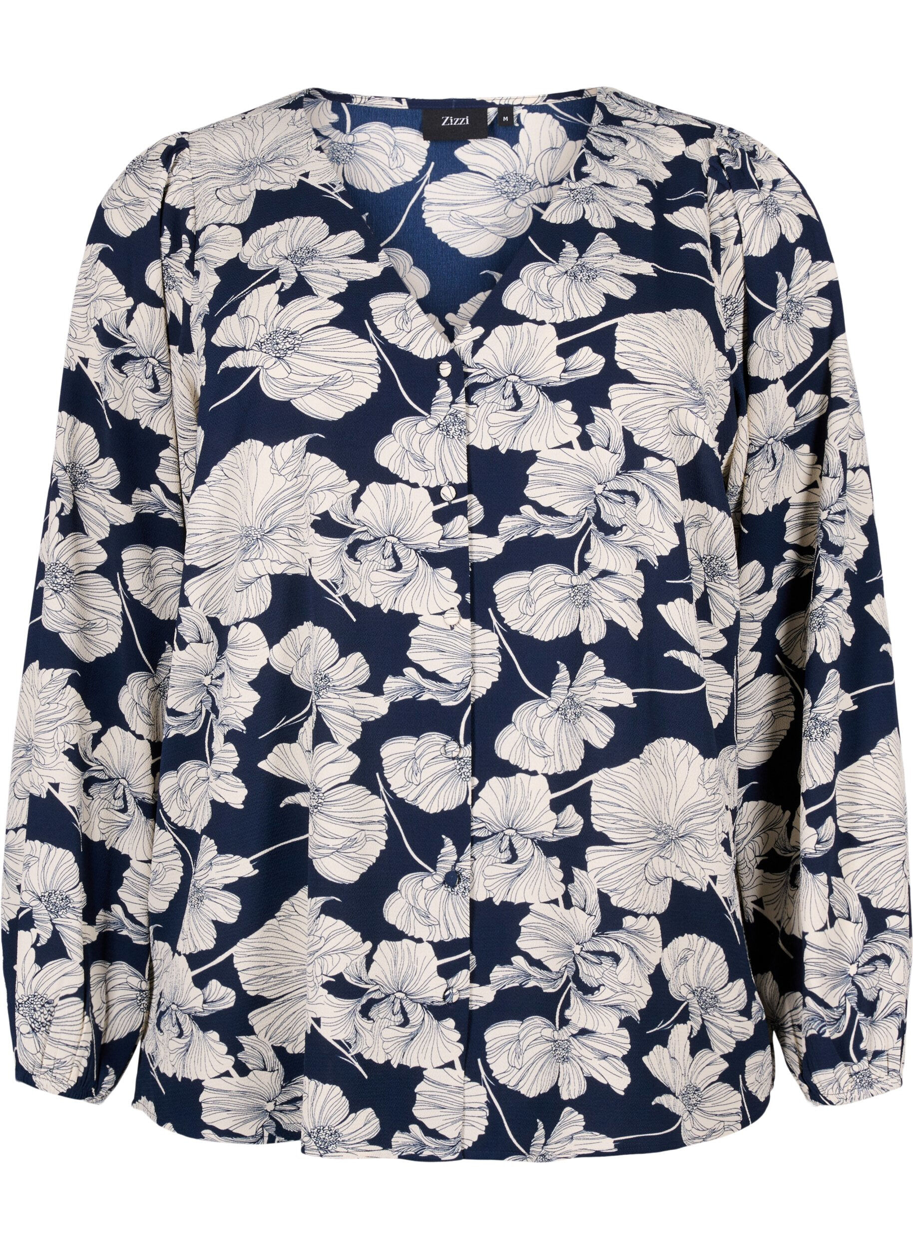 Zizzi Skjortebluse med v-hals og trykk, Navy B. Flower AOP, Packshot image number 0