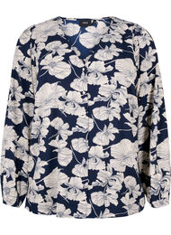 Skjortebluse med v-hals og trykk, Navy B. Flower AOP