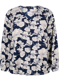 Skjortebluse med v-hals og trykk, Navy B. Flower AOP