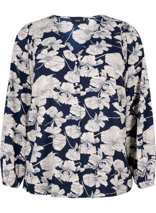 Skjortebluse med v-hals og trykk, Navy B. Flower AOP, Packshot image number 0