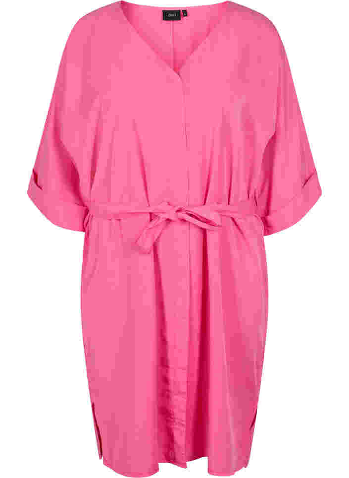 Kjole med 3/4-ermer og knyting, Shocking Pink, Packshot image number 0