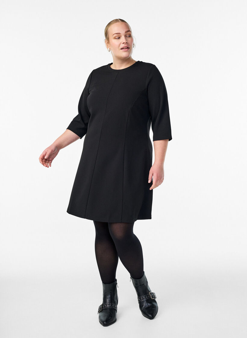Kort A-linje jersey kjole med 3/4 ermer, Svart, Model image number 1