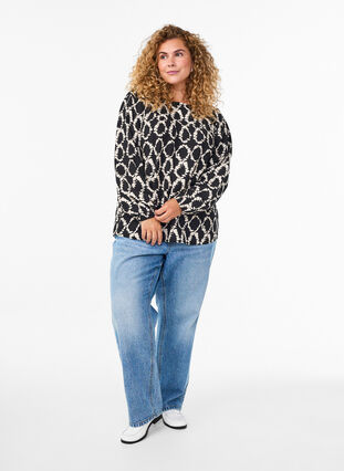 Zizzi Langermet bluse med trykk og sløyfer, Black ART AOP, Model image number 3