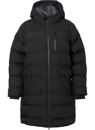 Pufferjakke med hette og lommer, Black, Packshot image number 0