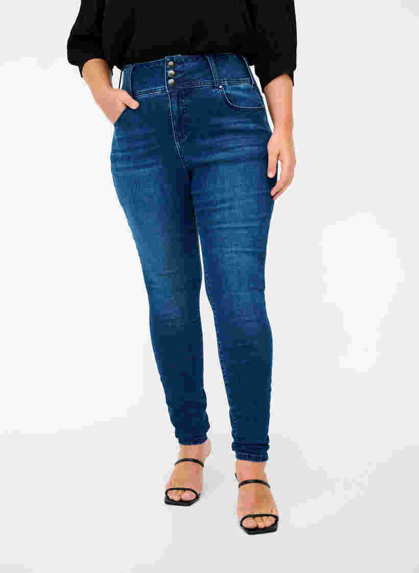 Super slim Bea jeans med ekstra høyt liv, Blue denim, Model image number 2