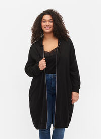 Lang cardigan i bomull med hette, Black, Model