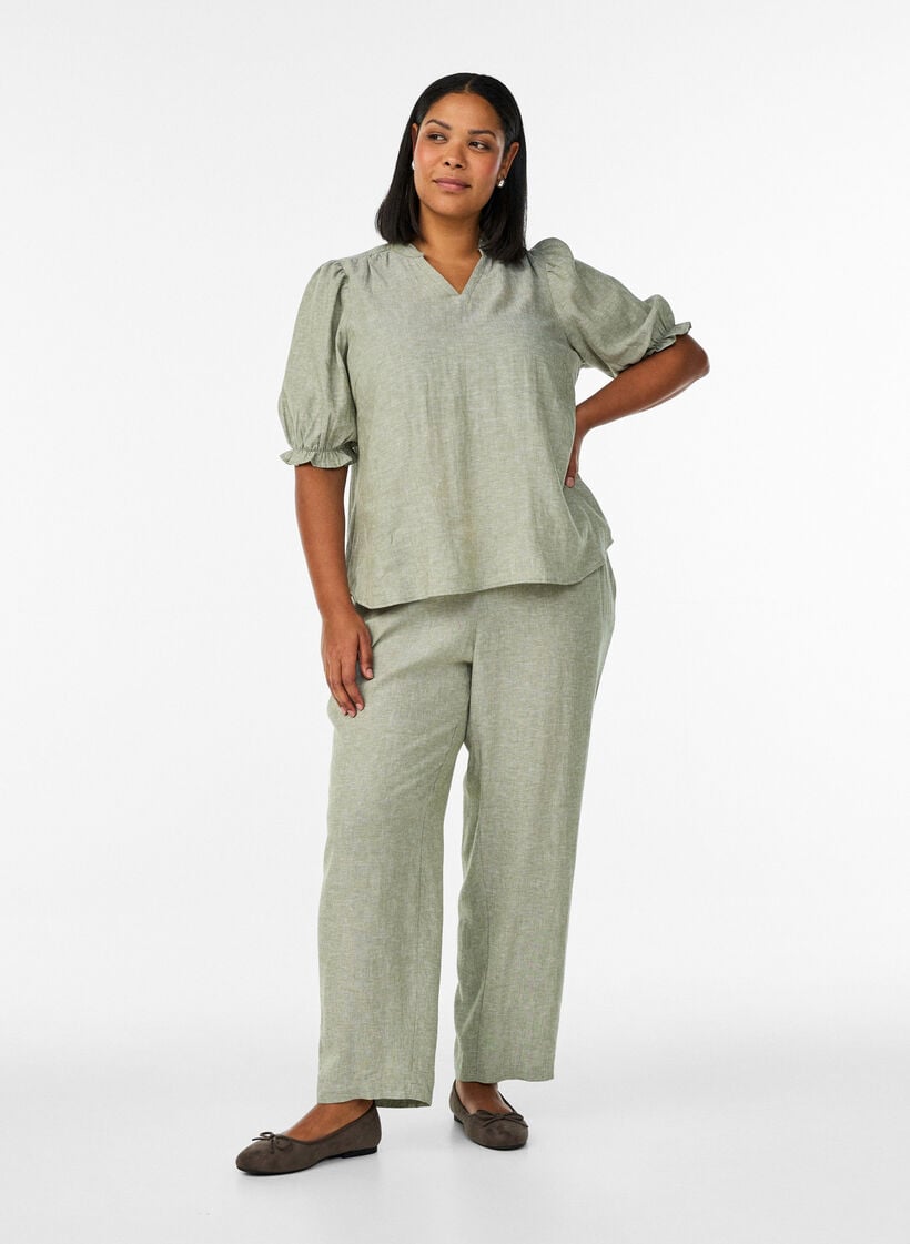 L&oslash;se bukser i lin og viskose, Gr&oslash;nn, Model image number 0
