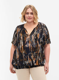 Kortermet bluse i viskose med smock, Navy Blazer AOP, Model