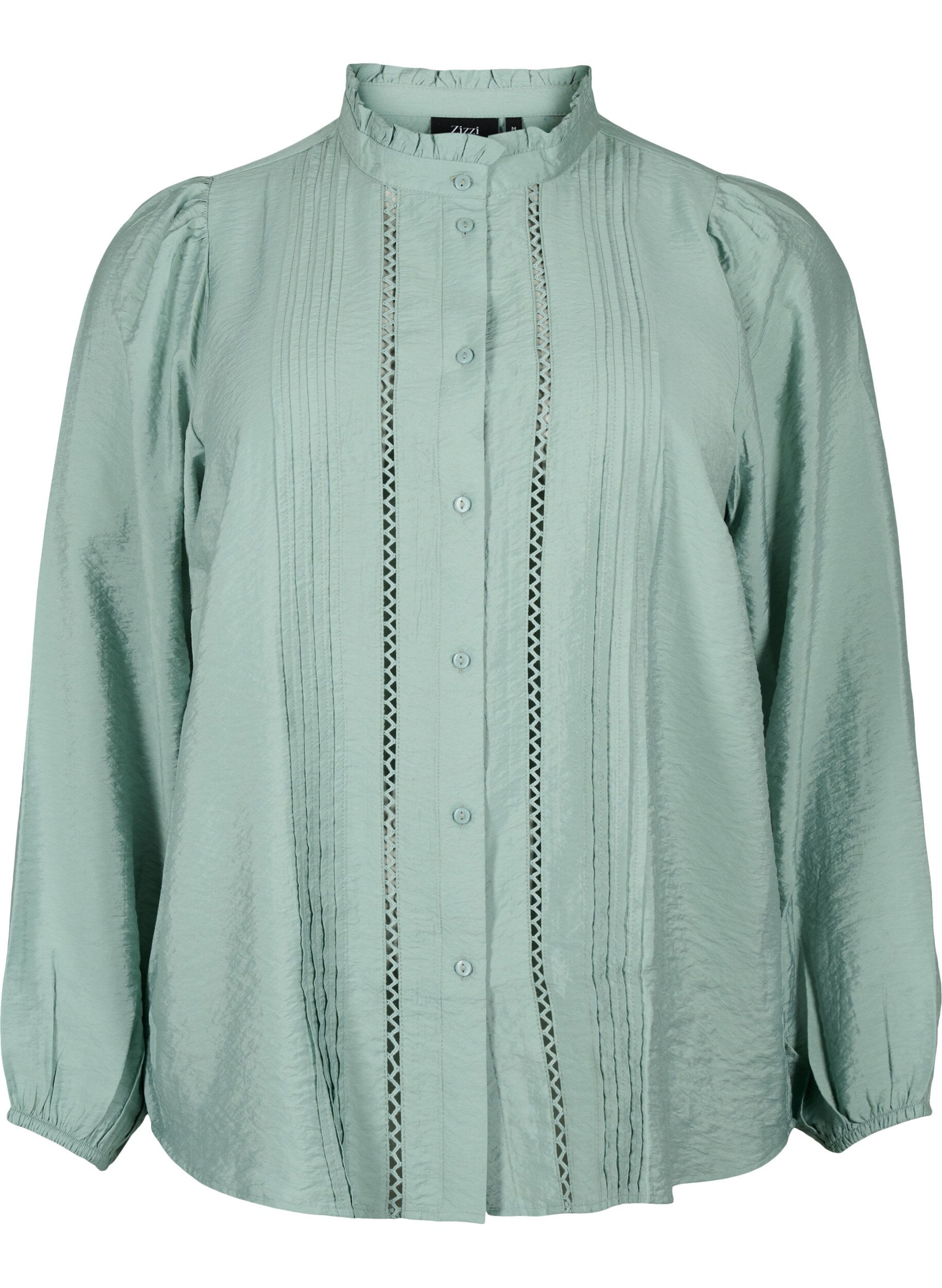 Zizzi Skjortebluse i viskose med volangkrage, Chinois Green, Packshot image number 0