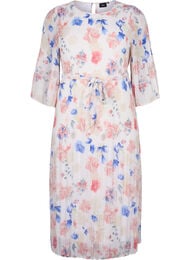 Blomstret plissert kjole med løpesnor, White/Blue Floral
