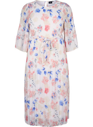 Blomstret plissert kjole med løpesnor, White/Blue Floral, Packshot image number 0