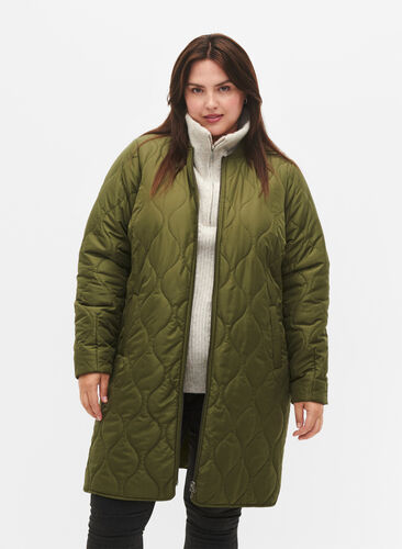 Lang quiltet jakke med lommer og glidelås, Winter Moss, Model image number 0