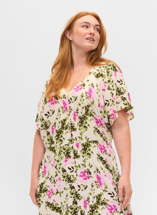 Midikjole i viskose med knappelukking, Green Pink AOP, Model image number 2