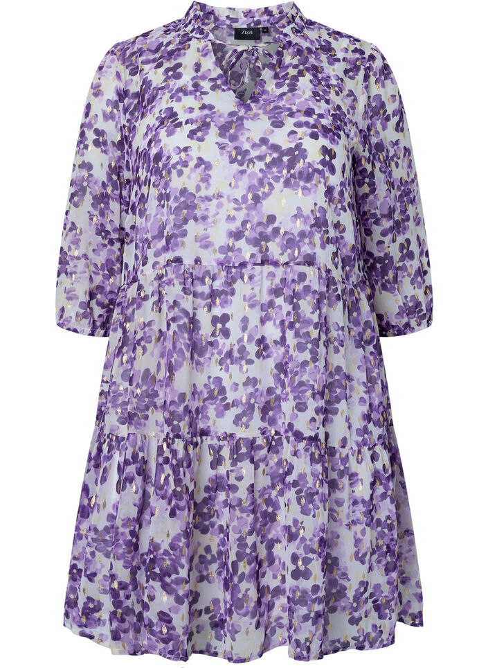 Tunika med blomstermønster og lurex, Beige/Purple Flower, Packshot image number 0