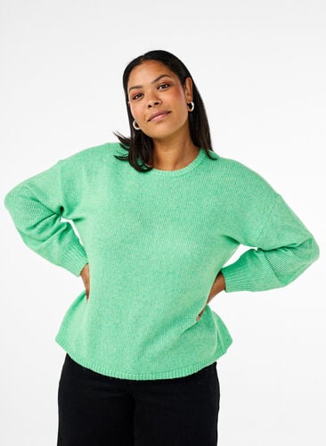 Zizzi Langermet strikket genser med ull og rund hals, Light G. Green Mel., Model image number 0