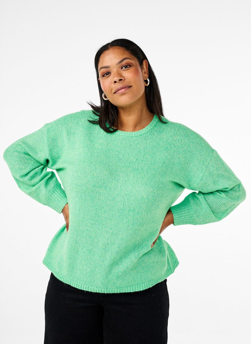 Langermet strikket genser med ull og rund hals, Light G. Green Mel., Model image number 0
