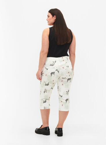 Caprijeans med blomstermønster og høyt liv, White Flower AOP, Model image number 1