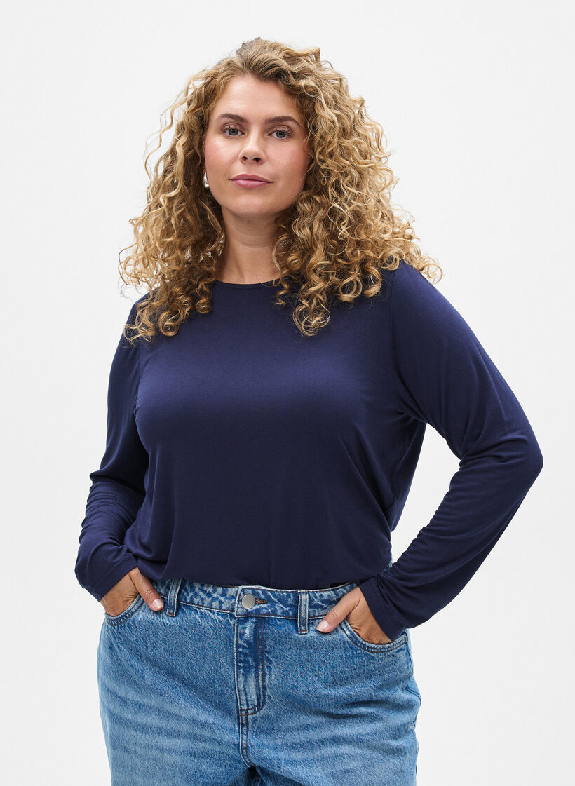 Ensfarvet bluse med lange ermer, Night Sky, Model