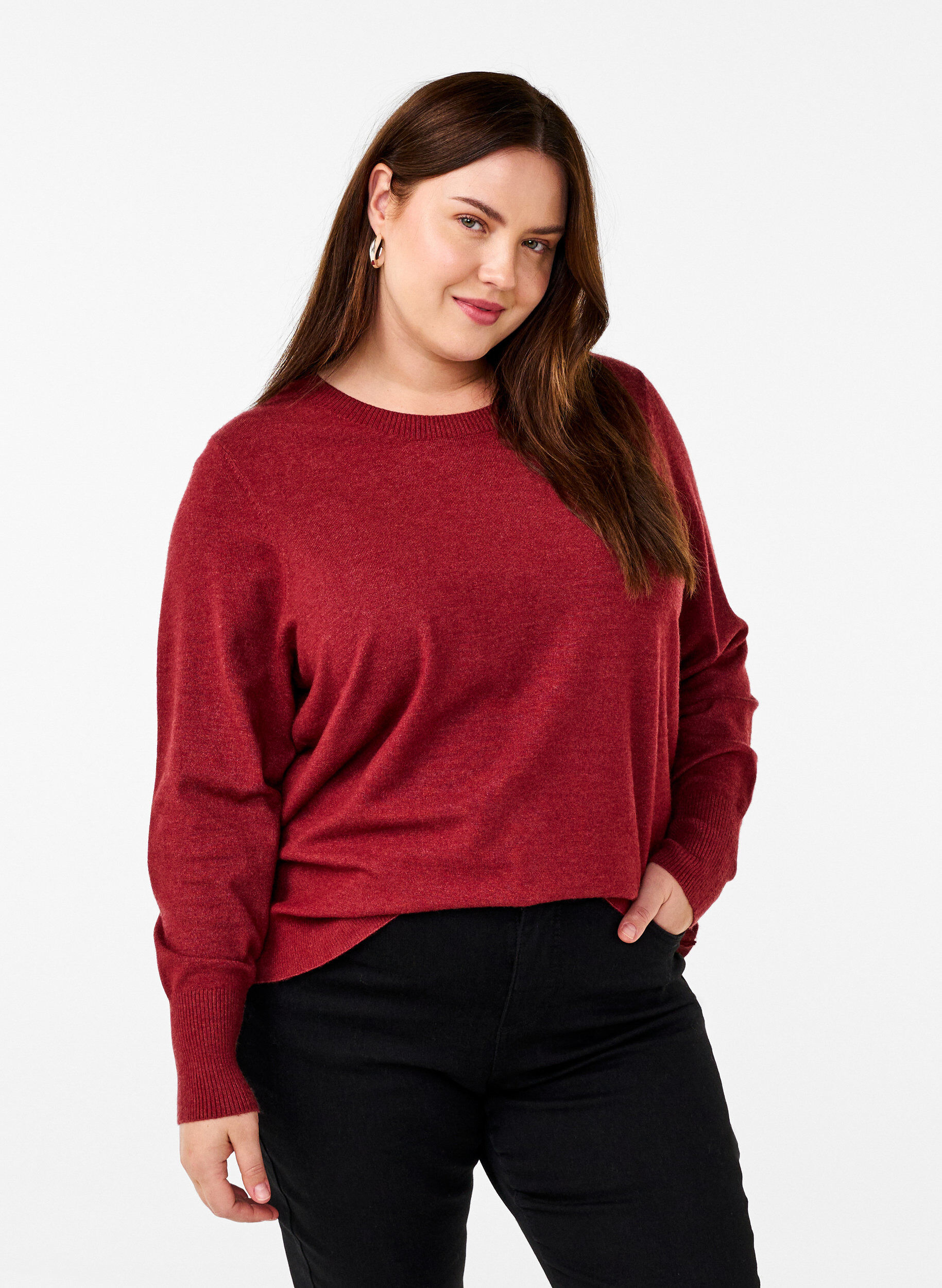 ZizziStrikket bluse med rund hals, R&oslash;d, Model image number 0