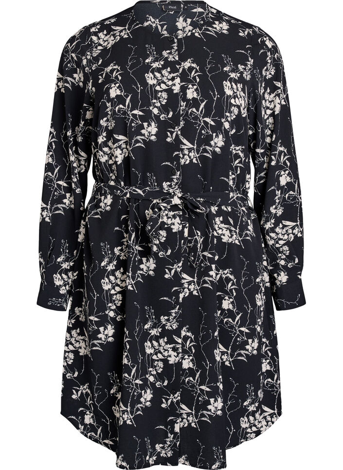 Langermet skjortekjole med knytebelte, Svart, Packshot image number 0