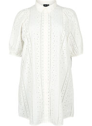 Skjortekjole i bomull med broderi anglaise, Off White