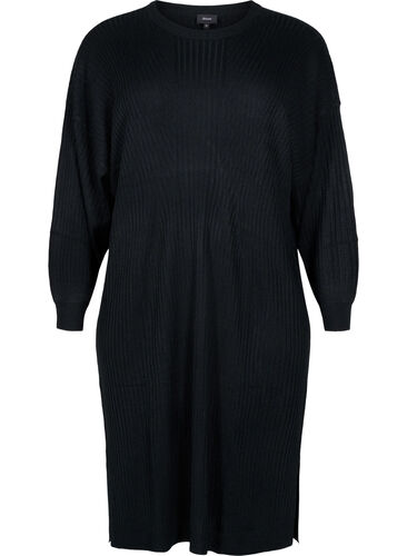 Oversized strikkekjole med splitt, Black, Packshot image number 0