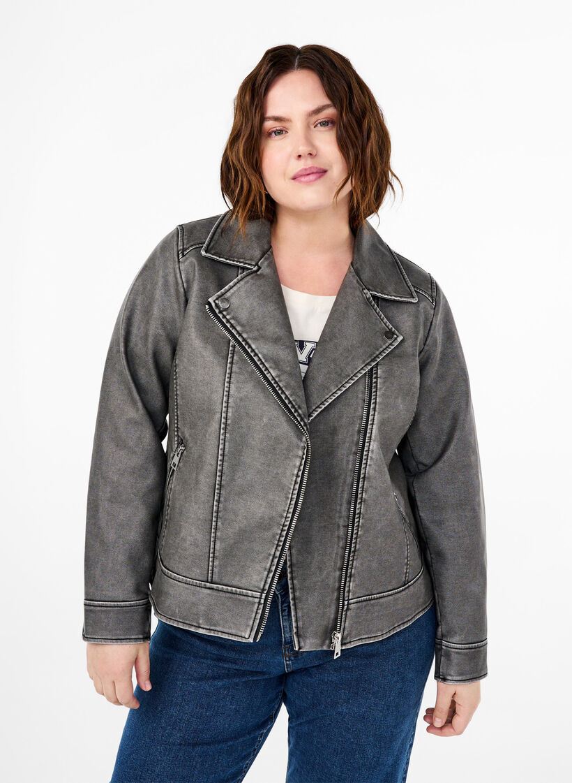 Jakke i kunstskinn med slitt look, Dark Grey Wash, Model image number 0