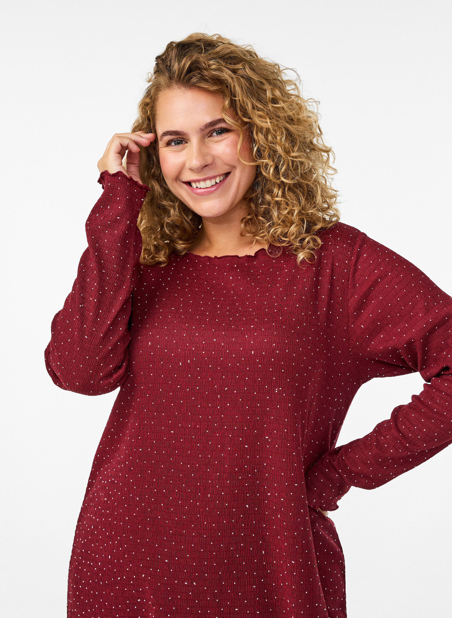 Zizzi Kjole med rhinesteiner og b&oslash;lgekant, M&oslash;rk Bordeaux, Model image number 3