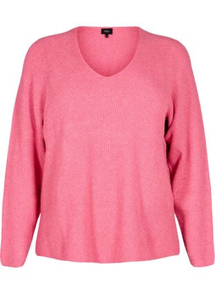 Zizzi Strikket bluse med v-hals og lange ermer, Bubblegum Wh. Mel., Packshot image number 0
