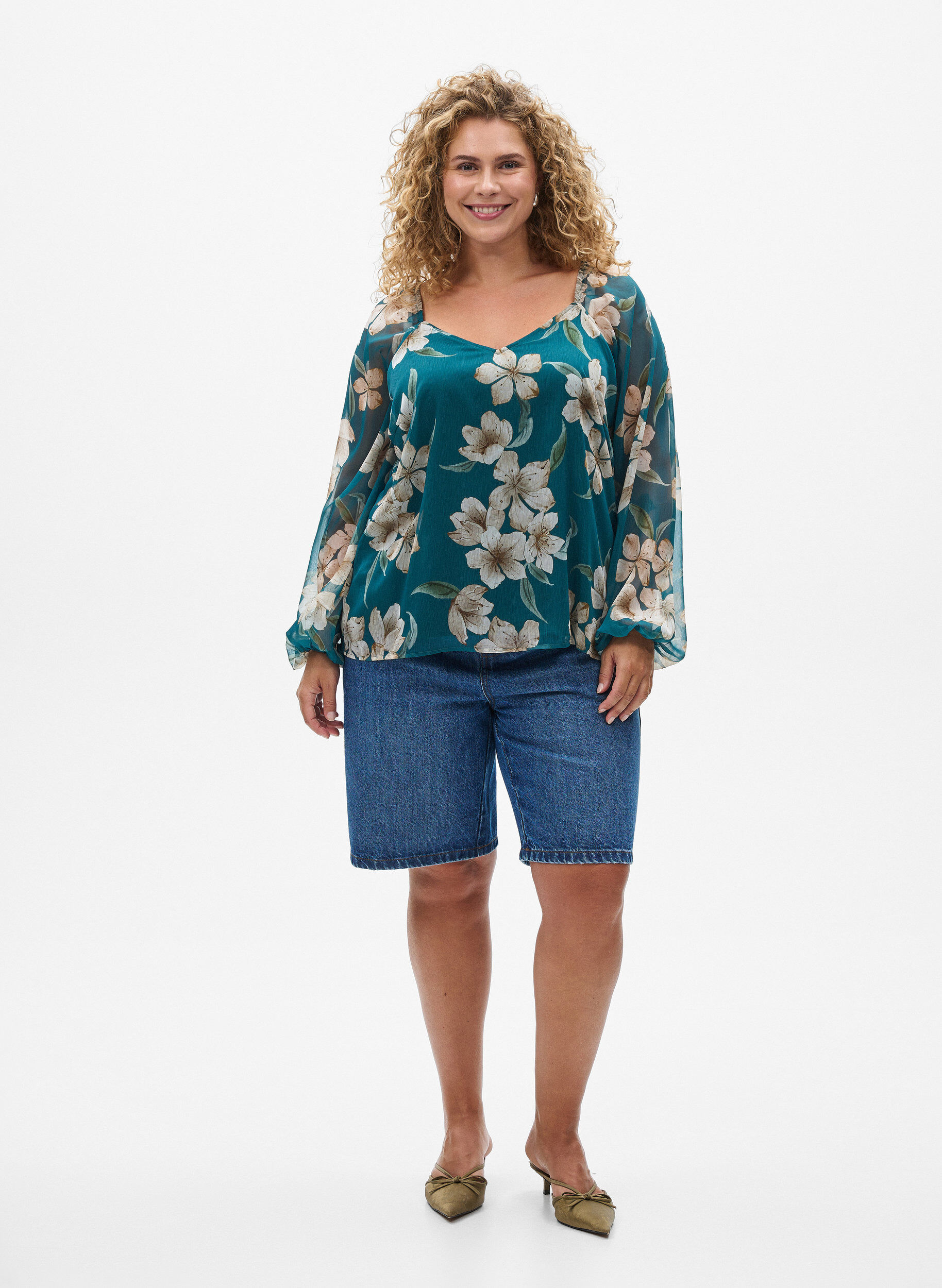 ZizziChiffonbluse med blomstertrykk og lange ermer, Gr&oslash;nn, Model image number 1