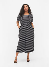 Midikjole i bomull med korte ermer, Black Stripe, Model