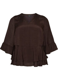 Bluse med 3/4-ermer og volangdetaljer, Brun