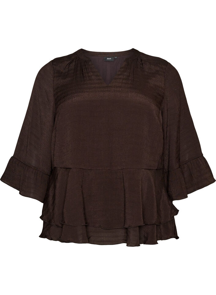 Bluse med 3/4-ermer og volangdetaljer, Brun, Packshot image number 0